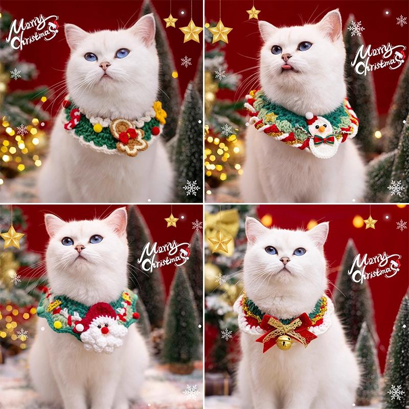 Christmas Pet Collar Navidad Cats Clothing Christmas Puppy Necklace Hand-knitted Pet Scarf  Xmas New Year Pet Cats Accessories