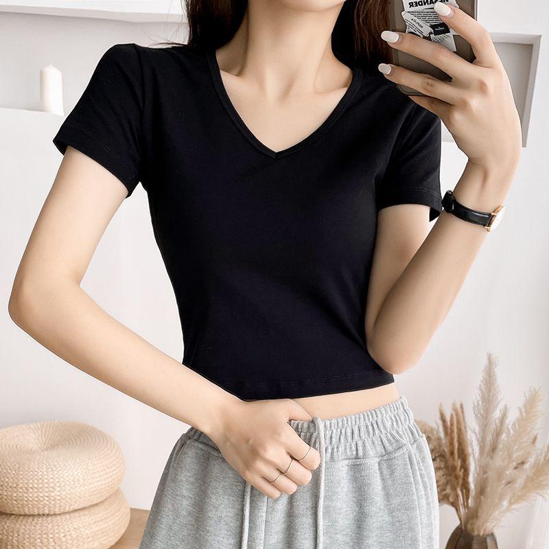 2026 New Style V-Neck White Cotton Women's Cropped Short-Sleeve Top