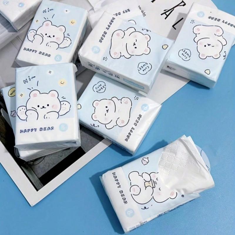 9 Packs Bear Pattern Portable Mini Tissue Paper Napkins Handkerchief Tissue Bear Cartoon Pattern Portable Small Bag Tissue