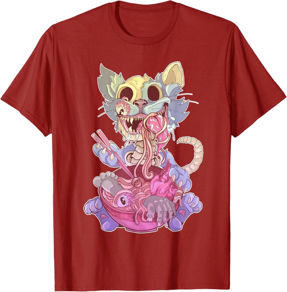Zombie Cat Ramen Graphic Tee Kawaii Goth Weird Illustration T-Shirt For Men Casual