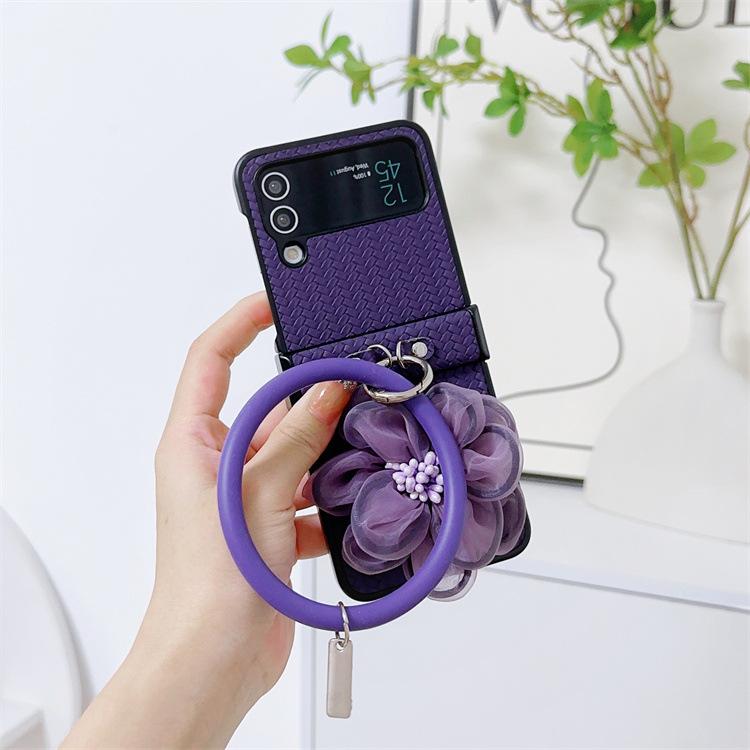 Applicable To Samsung ZFlip5 Mobile Phone Case Straw Mat Pattern Leather Case Flower Portable Hanging Ring Zflip4 Folding Protective Case
