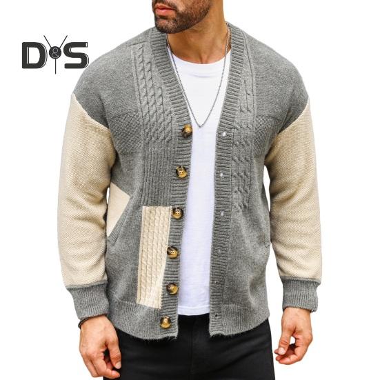 

Осень-зима Мужской свитер Пальто с карманами Однобортный V-образный вырез Цветные пуговицы Трикотаж Длинные рукава Эластичный трикотаж Толстая куртка M серый