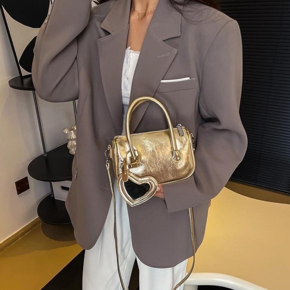 Mit Liebe Anhänger Silber Handtasche Leder Satteltasche Elegante PU Bowlingtasche Mädchen/Damen