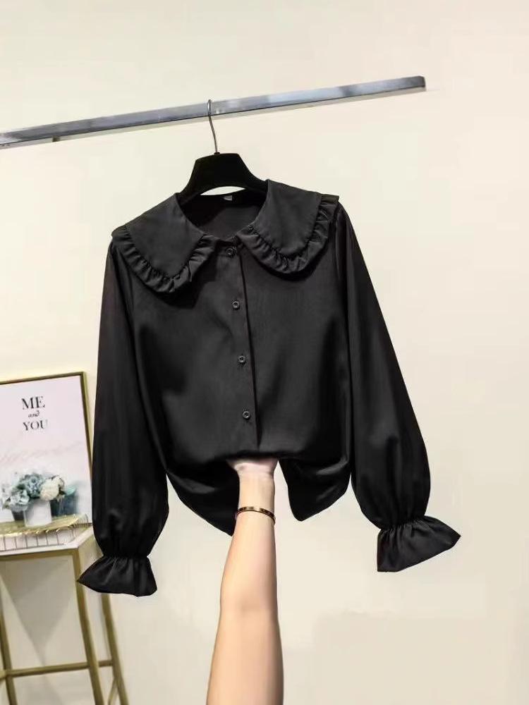 Women's Trendy White Shirt: College-Style Doll Collar, Long Sleeve, Loose Fit for Autumn/Spring