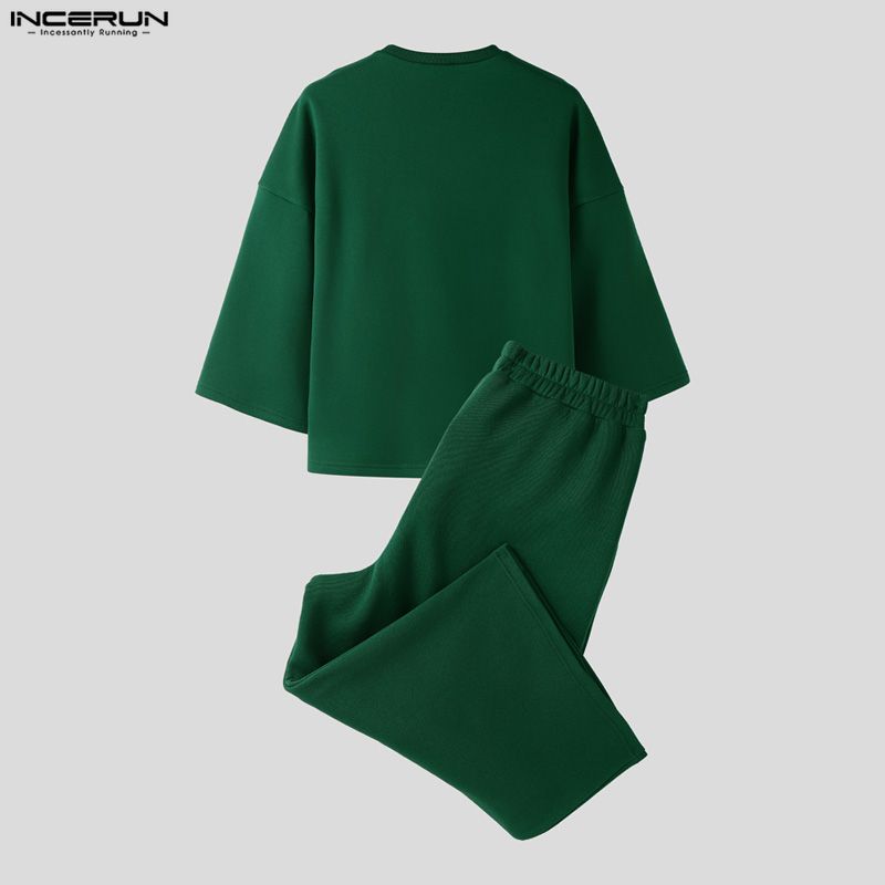 INCERUN Two Piece Suit Men Dropped Shoulder 3/4 Sleeve Pullovers Pants Sweatpants Outfits Sets