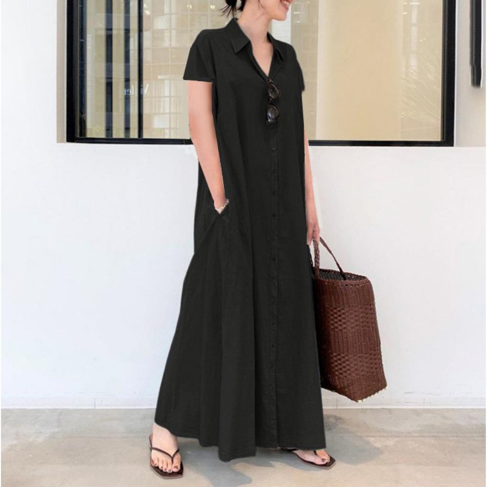 JPNTKY Women's Fashion Summer Spring Solid Color Print Short Sleeve POLO-Neck Casual Dresses