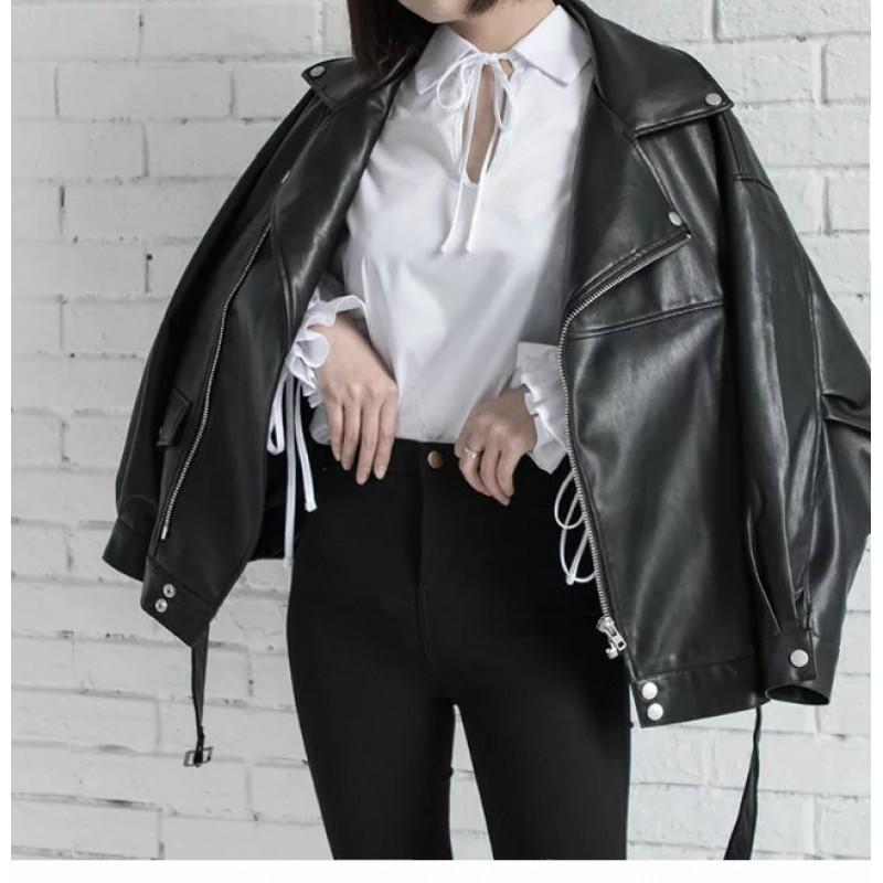 Womens Oversized PU Leather Jacket Loose Fit Streetwear Moto Style Long Sleeve Casual Outerwear
