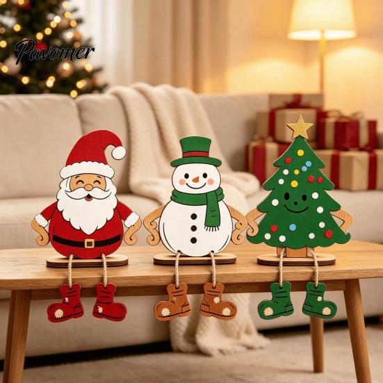 Durable Wooden Xmas Crafts 3Pcs 2D Christmas Hanging Ornaments, Cartoon Santa Snowman Tree Figurines Holiday Decorations for Home with Leg Design,