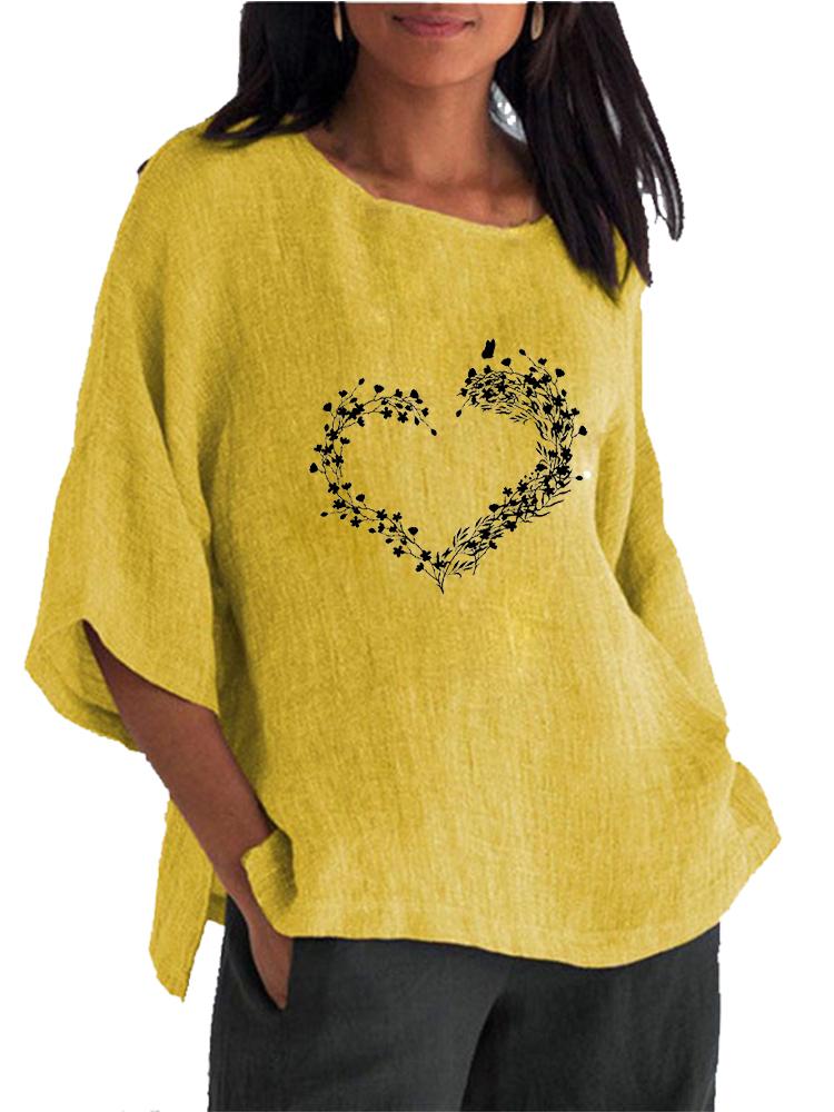 Women Fashion Cotton Linen 3/4 Long Sleeve Top Spring&summer O Neck Print Shirt Ladies Pullover Loose Blouse