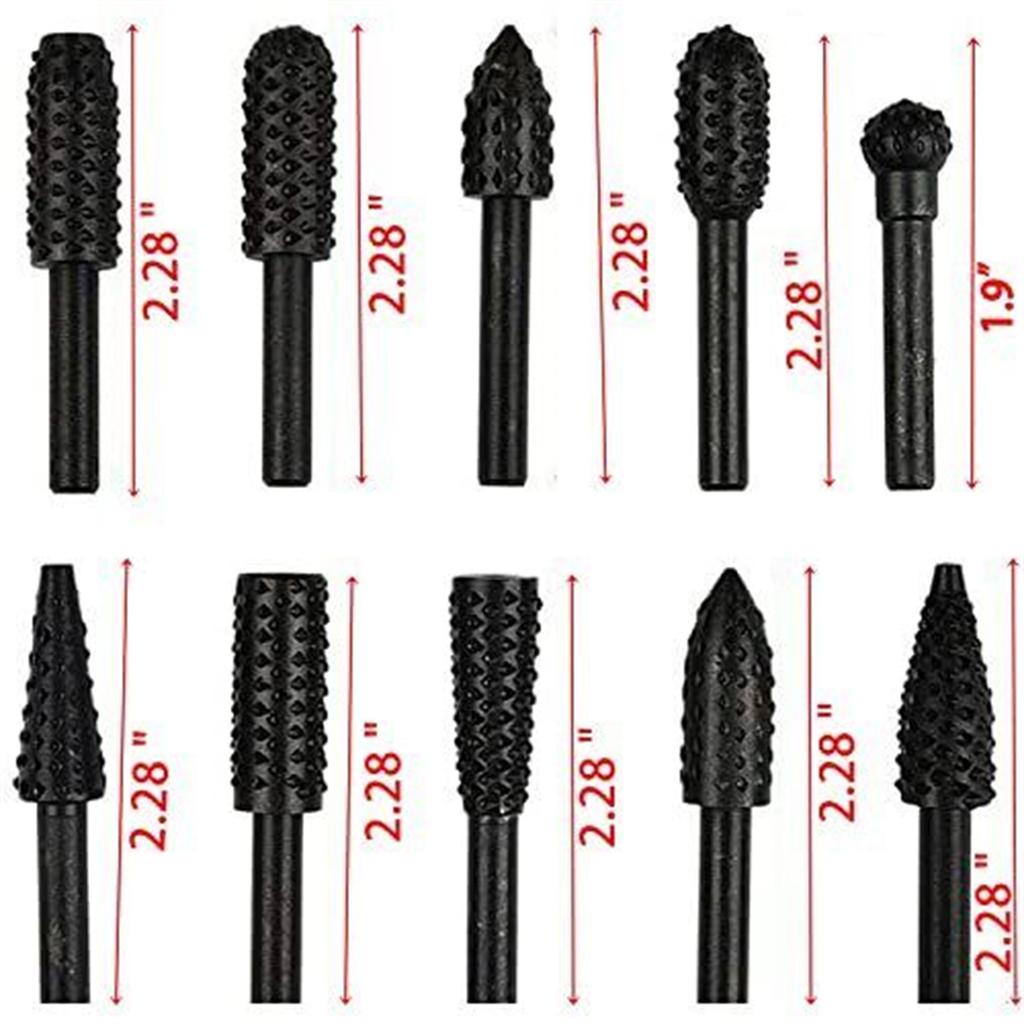 10pcs File Drill Bits Set With Spherical, Cylindrical Pointed Drill, Grinder Drill Rasp For Woodworking Carving Tool 1/4" Round Shank Rotary Burr Set