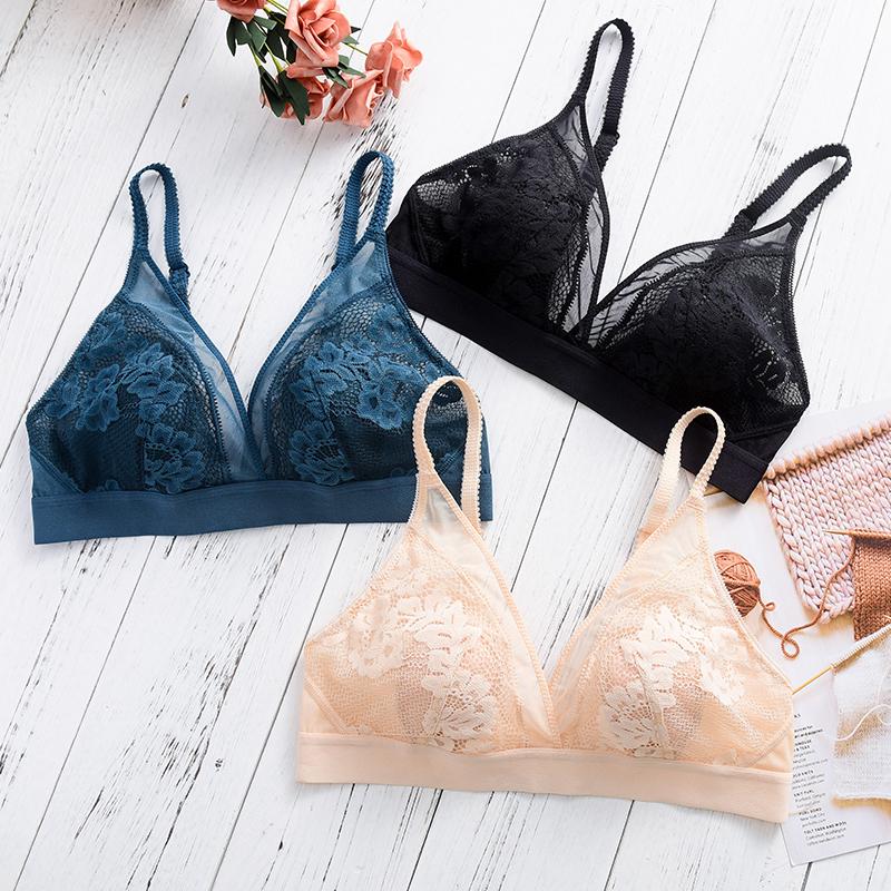 Sexy Wireless Bras for Women Ultra Thin Lace Bralette Deep V Plunge Bra
