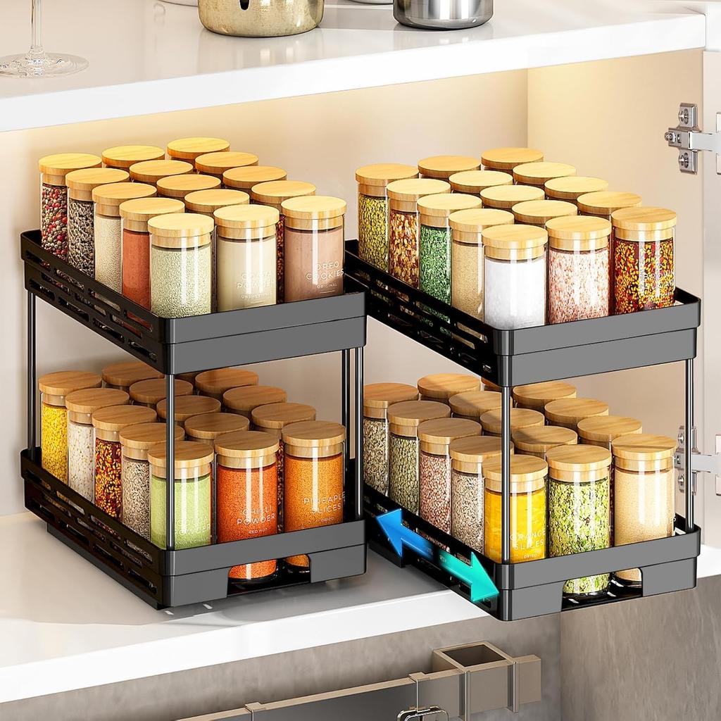 1/2pcs 2 Tier Pull Out Plastic Storage Rack Cabinet Storage Organizer Large Capacity Seasoning Jar Holder Under Sink Organizer
