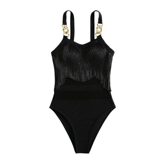 Women Sexy Monokini Sling Sleeveless Tassel Decor Swimsuit Mesh Splicing Backless Design One-piece Bikini