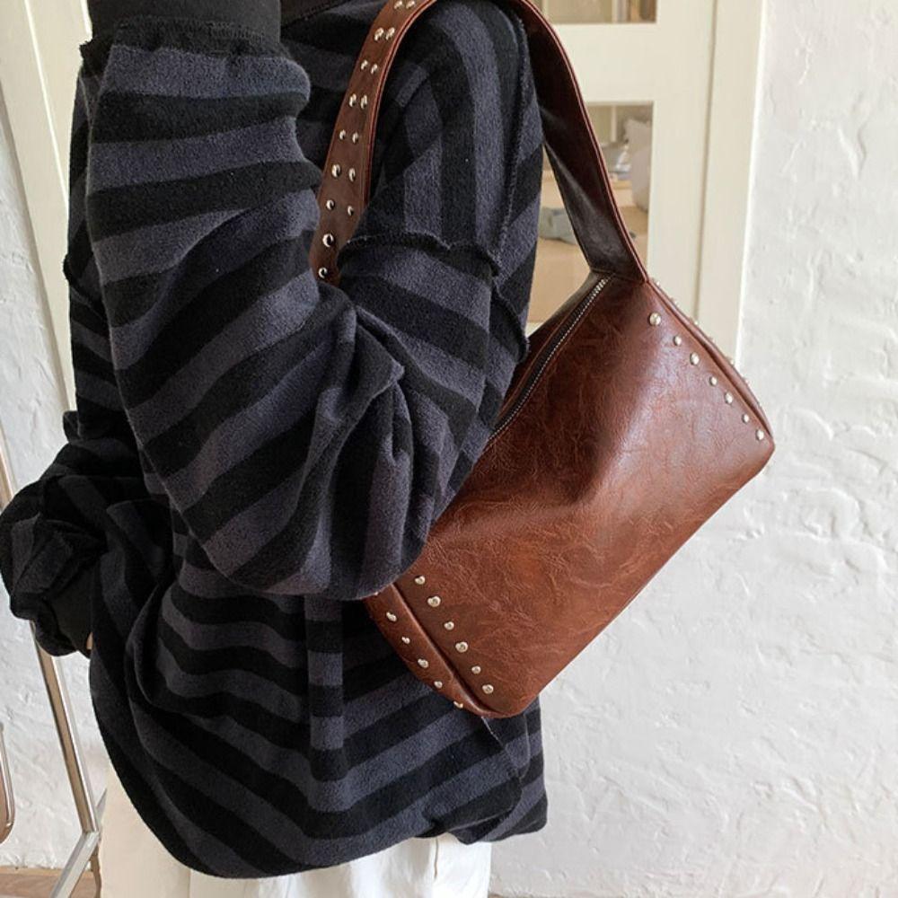 Spicy Girl Style Retro Rivet Handbag French Commuting Shoulder Bag Pillow Underarm Bag  Women