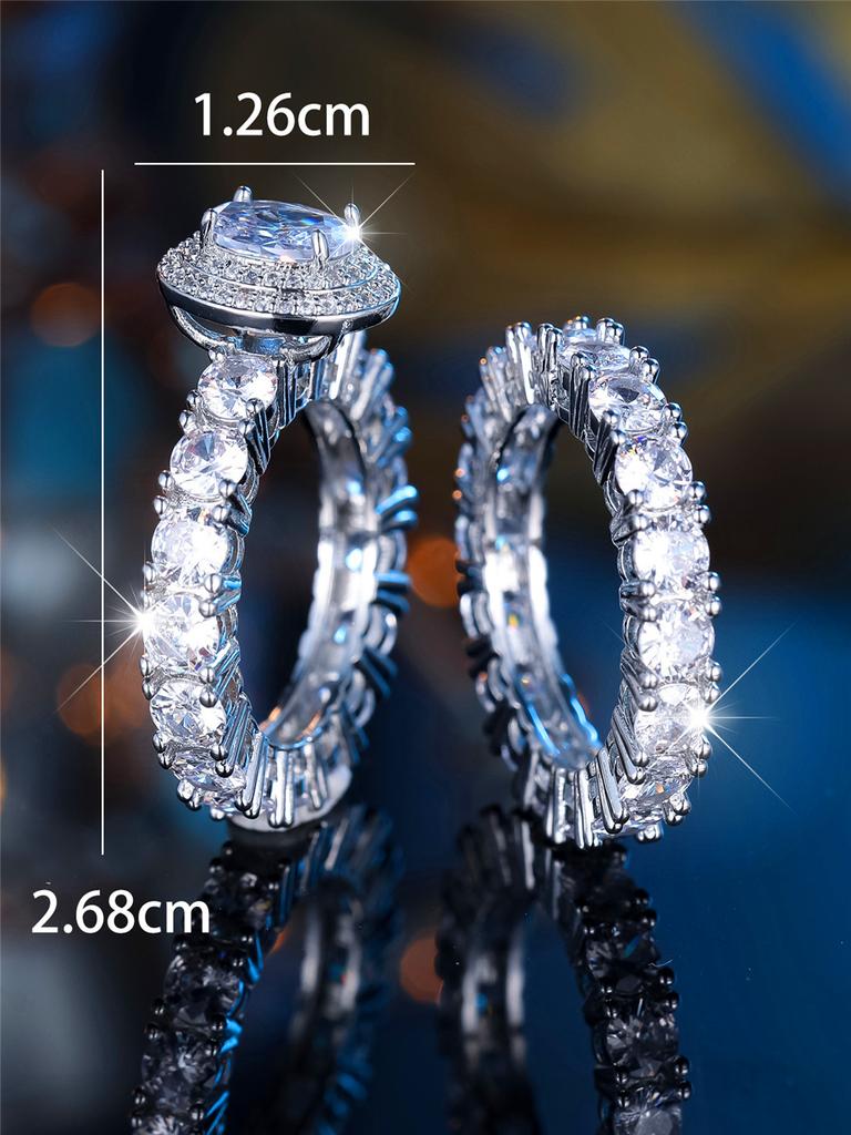 Female Silver Color White Zircon Stone Oval Engagement Ring Set Vintage Bridal Wedding Bands Party Jewelry For Women