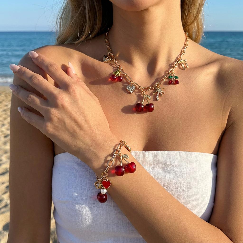 Sweet Red Cherry Zircon Clavicle Necklaces for Women Exquisite Imitation Pearl Strawberry Flower Metal Choker Party Jewelry Gift