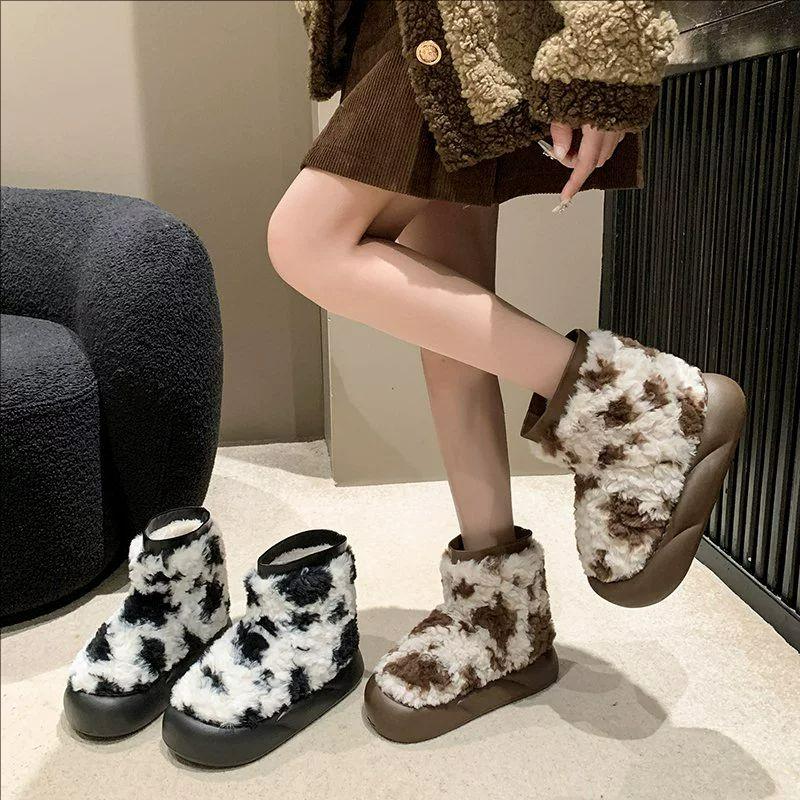 Fashion Luxury Winter Women Short Plush Warm Snow Boots Casual Shoes New Leopard Print Soft Cute Ankle Boots Flats Platform Ladies Shoes