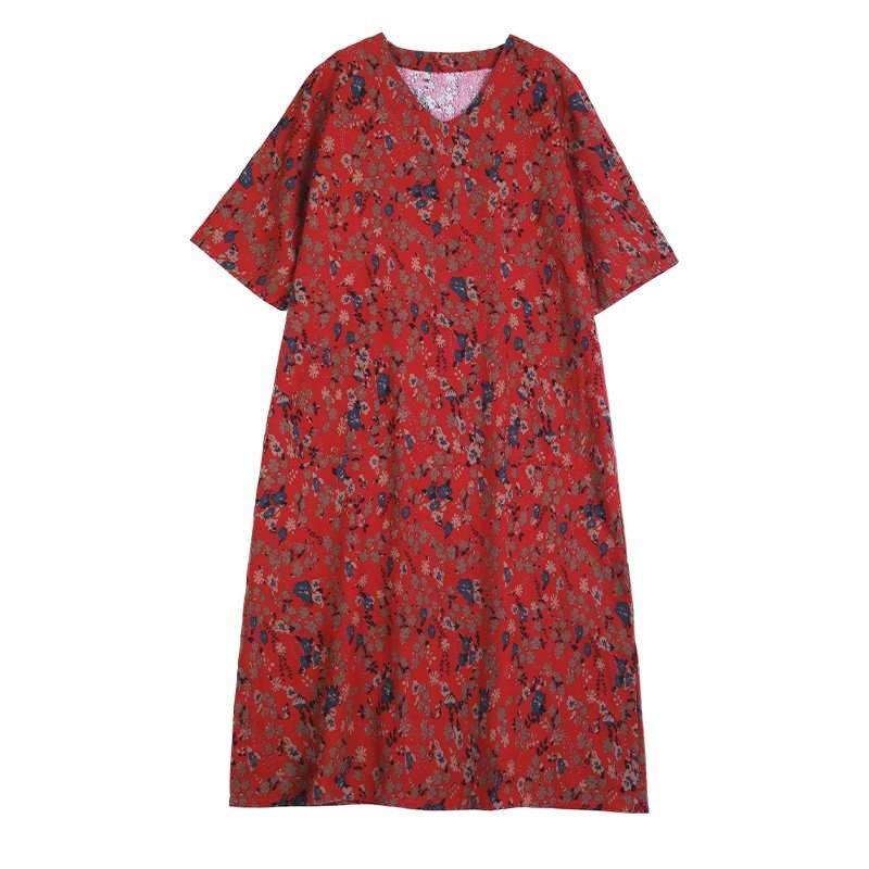 2025 Literary Retro Travel Plus Slim Cotton V-Neck Dress