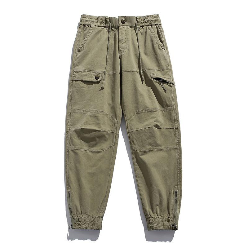 Green Men's Functional Overalls Pure Cotton Solid Color Elastic Texture Leggings Trendy Brand Multi-bag Fashion Casual Trousers