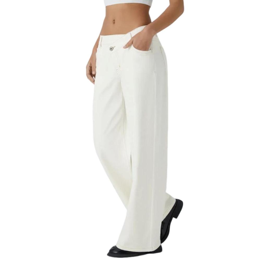 Women's Casual Fashion Solid Color Elastic Waist Pockets Wide Leg Straight Jeans Pants