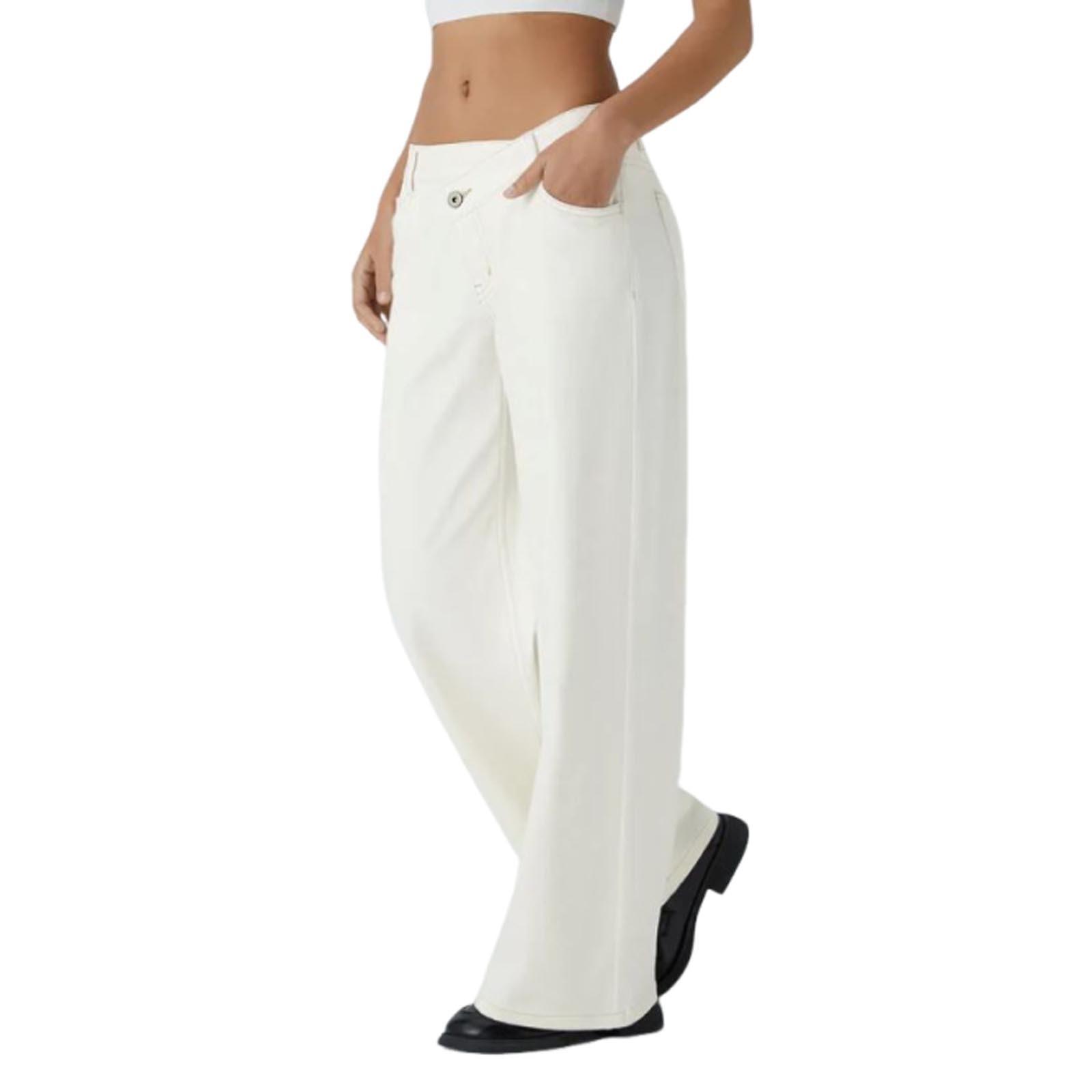 

Women s Casual Fashion Solid Color Elastic Waist Pockets Wide Leg Straight Jeans Pants XS белый