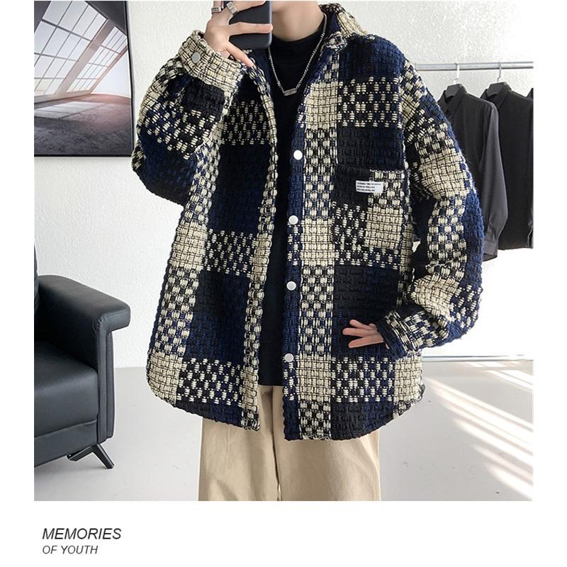 Men's Plaid Tweed Jacket Casual Button Down Shacket Coat Long Sleeve Loose Fit Streetwear Autumn Winter Fashion Outerwear