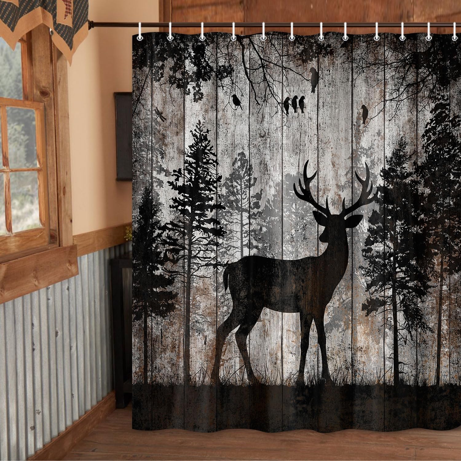 

Creek Shower Curtain With Bear, Rustic Nature Landscape Woodland Wildlife Bath Curtain Country Forest Natural Scenery Outdoors W60H190(CM)-1 Pcs