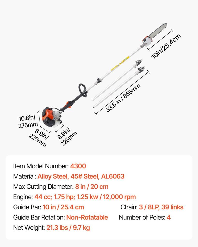 Gas Pole Saw, 33CC 2 Stroke Gas Powered Pole Saws with 20.3 Cm Cutting Bar, Cordless Tree Trimmer with 850ml Fuel Tank, 2.08 To 3.58 M Extendable,