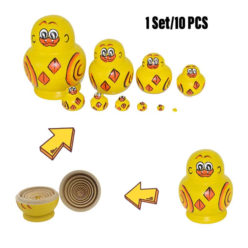 

10 Wooden Pcs Babushka Russian Nesting Doll Gift Hand Painted Cartoon Duck Decor