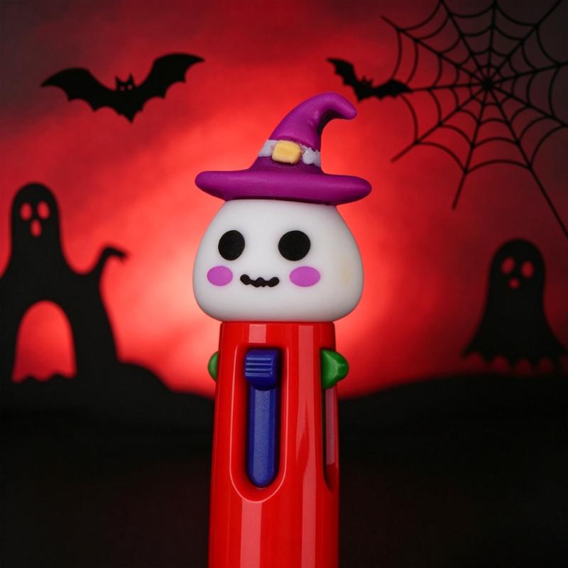 23 Pcs Halloween Four-Color Retractable Ballpoint Pens, 3D Cute Purple Hat Ghost Topper , Student Stationery, School & Office Supplies,