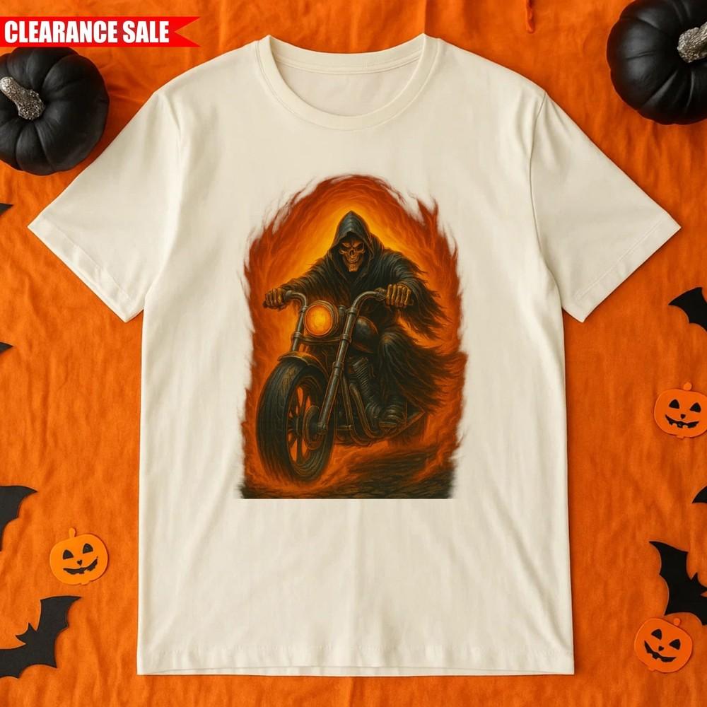 Skull Biker Motorcycle Motorbike T Shirt Printed Grim Reaper 100% Cotton Tee Top