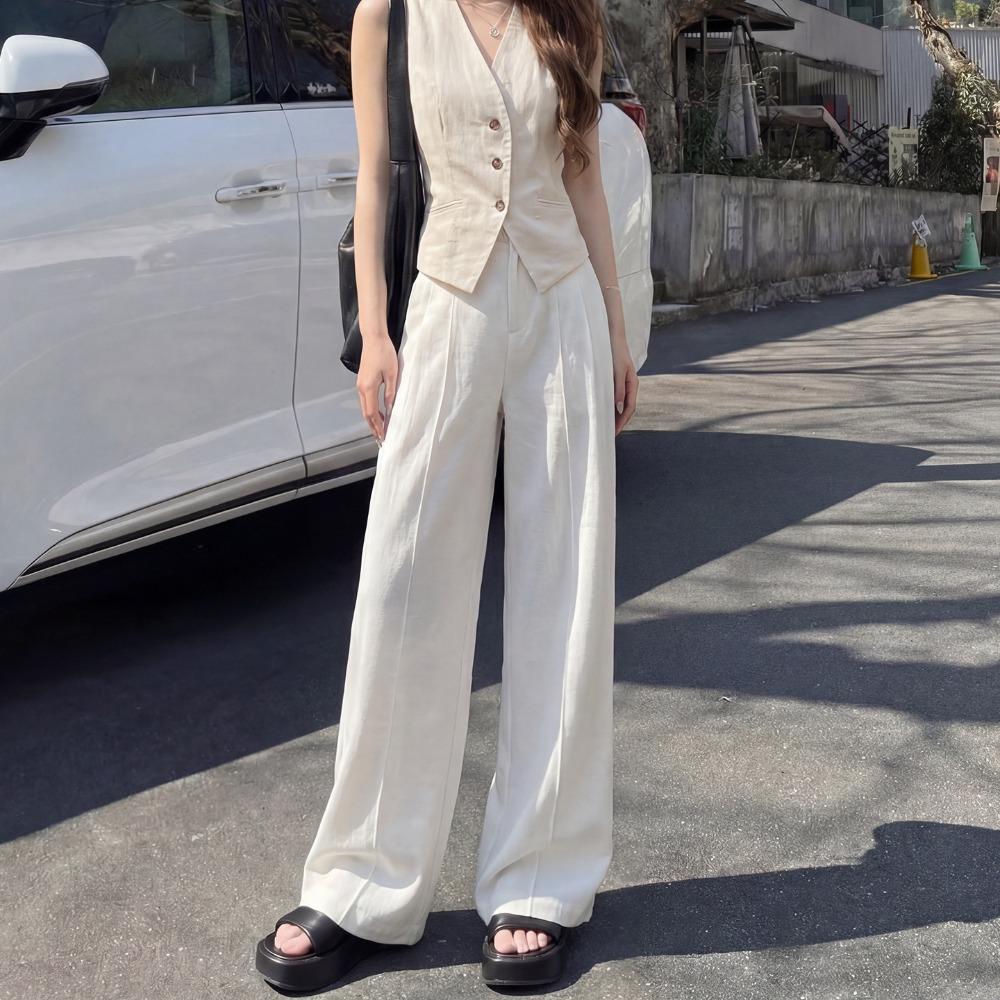 Women's High Waist Wide Leg Pants Loose Suit Trousers Pleated Front Linen Blend Casual Office Long Pants