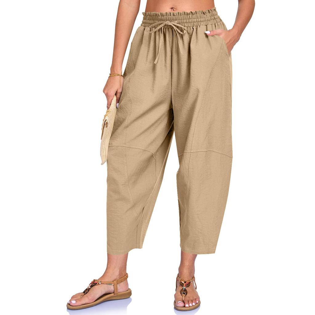 Women Loose Fit Casual Elastic Waist Drawstring Pants with Pockets Lightweight Relaxed Fit Trousers for Everyday Wear