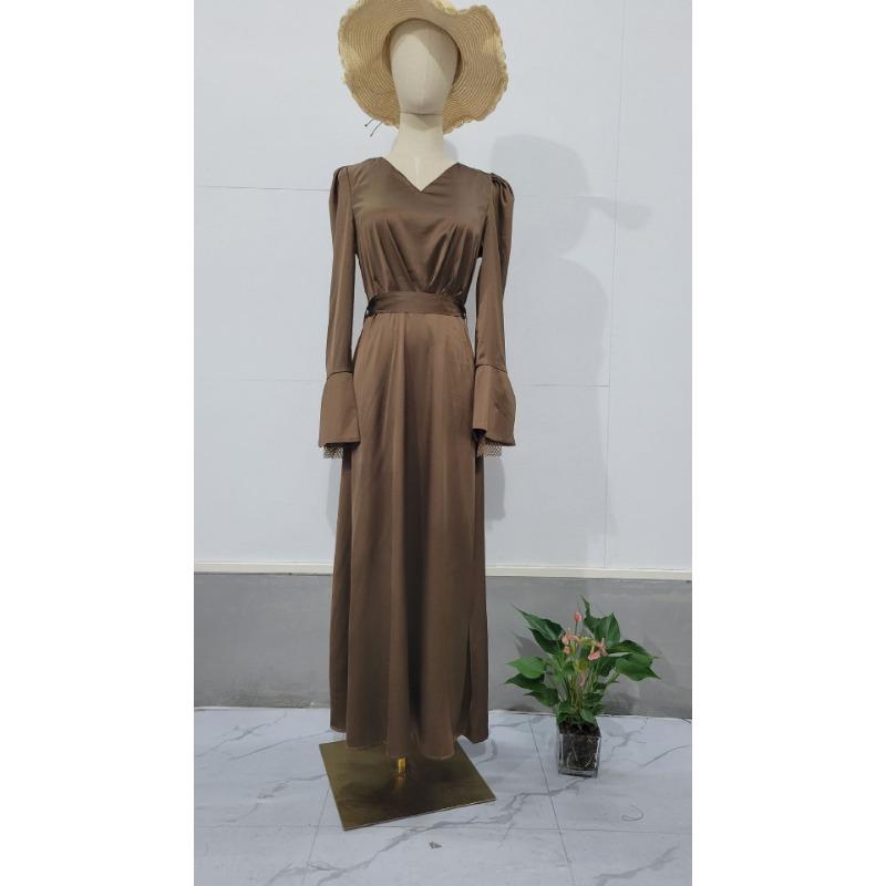Elegant Retro V-neck Age-reducing Bubble Sleeve Long Lace-up Waist Long Sleeve Dress