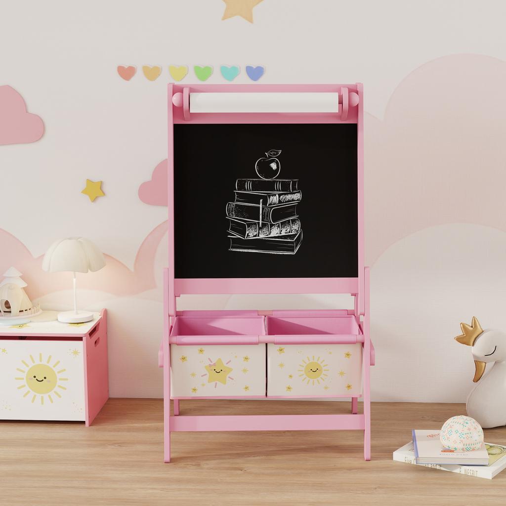 Art Easel for Kids, Double-Sided Whiteboard/Blackboard with Paper Roll, Two Storage Boxes, for Ages 3-8 Years, Pink