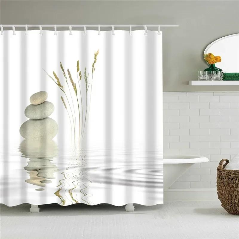 Lotus Buddha Rose Flower Green Leaves Lavender Butterfly Bathroom Accessories Set Shower Curtain with 12 Hooks