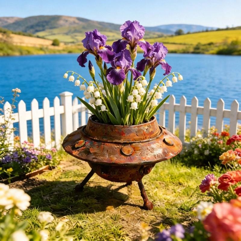 Brown Metal Flower Pot with Space Theme Shape, Small Indoor Holder for Tabletop, Windowsill, Bookshelf and Countertop Display In Everyday Rooms