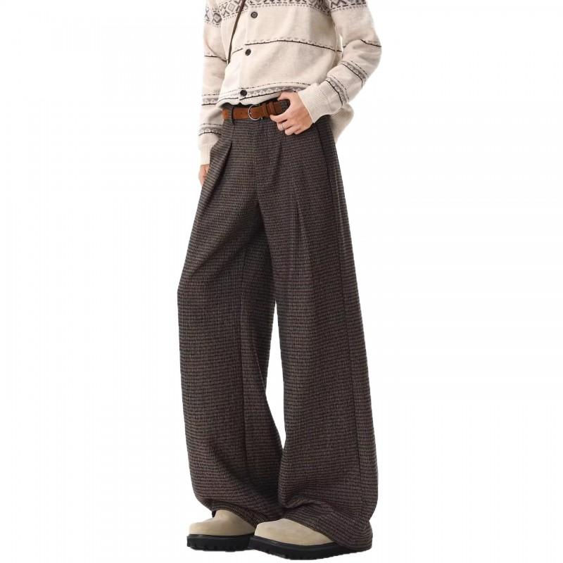 Womens High-Waisted Straight Leg Trousers With Houndstooth Stripe Lightweight Pleated Wide-Leg Pants Office Casual