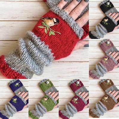 Fashion Women Cycling Gloves Winter Outdoor Keep Warm Gloves Knit Gloves Warm Plus Velvet Thick Bird Embroidered Outdoor Glove