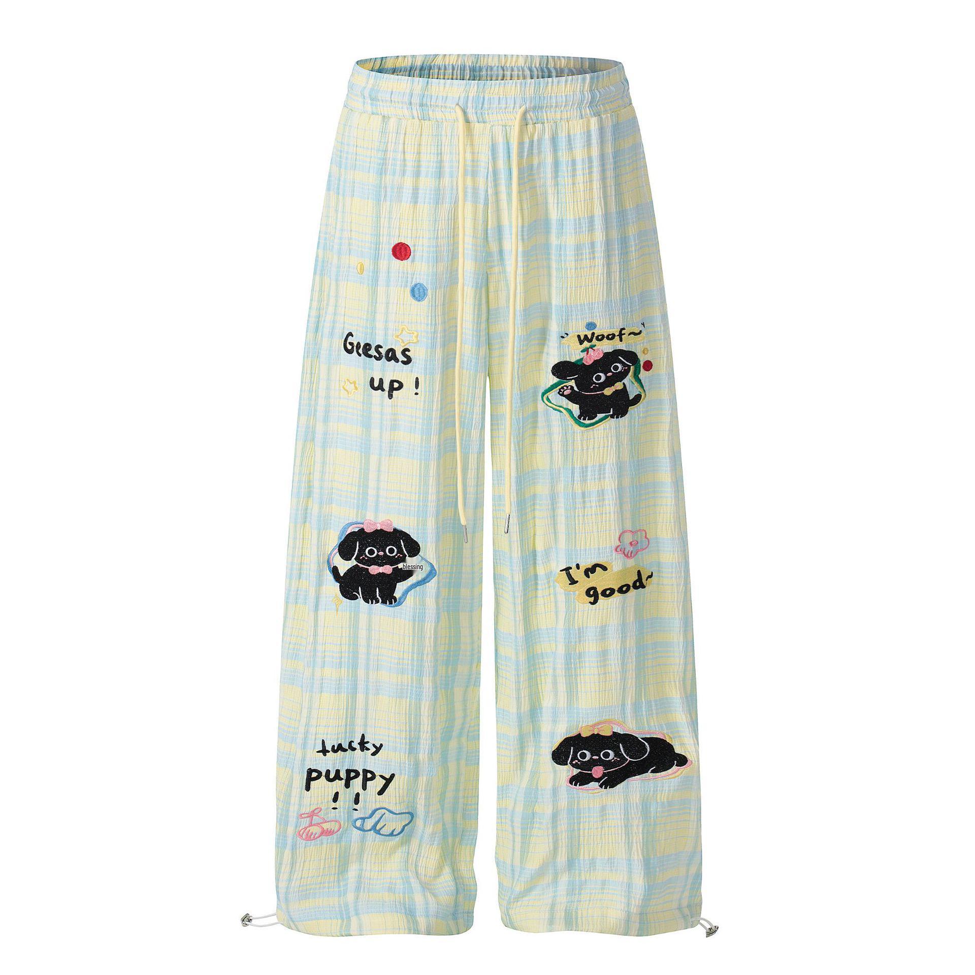 Korean Embroidered Puppy Plaid Wide-Leg Casual Pants for Women - Loose, Lazy BF Style L зелёный