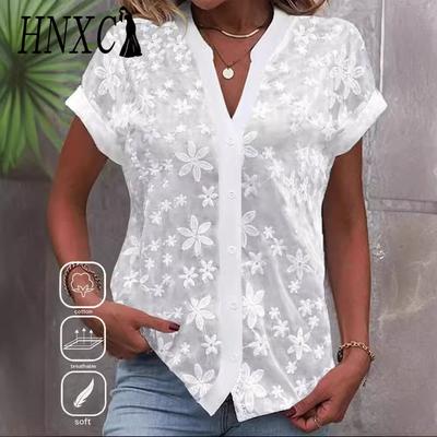 Blusas y camisas con cuello en V de manga corta con estampado de Color sólido informal de verano a la moda para mujer
