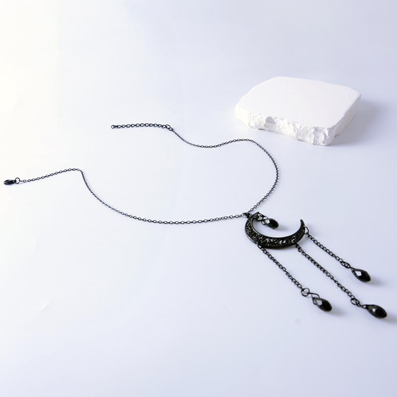 Luksusowy Czarny Chwost Długi Kryształowy Księżyc Kropla, Wiszący Naszyjnik z Wisiorkiem, Wykwintny Mroczny Gotycki Styl, Projekt Światła Półksiężyca