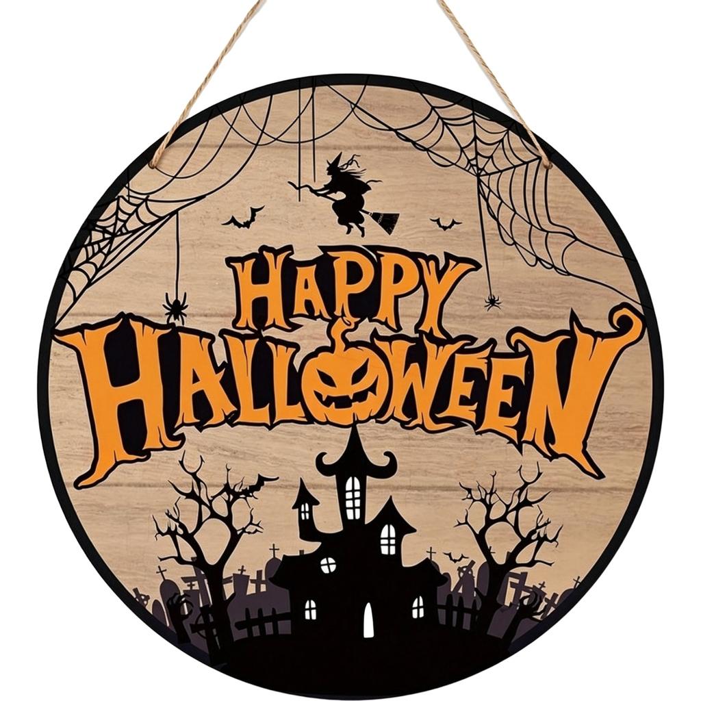 Wooden Hanging Halloween Sign Party Decoration Ghost Design Wall Ornament Rustic Style Door Plaque for Seasonal Indoor Outdoor Use