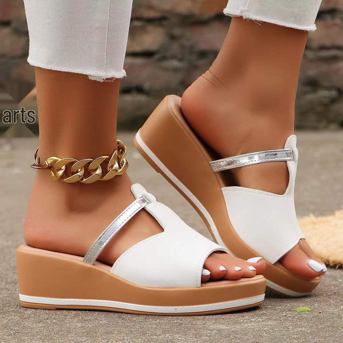 

Летние сандалии большого размера с открытым носком и клиновидной подошвой для женщин - Европейская и американская мода 40 белый