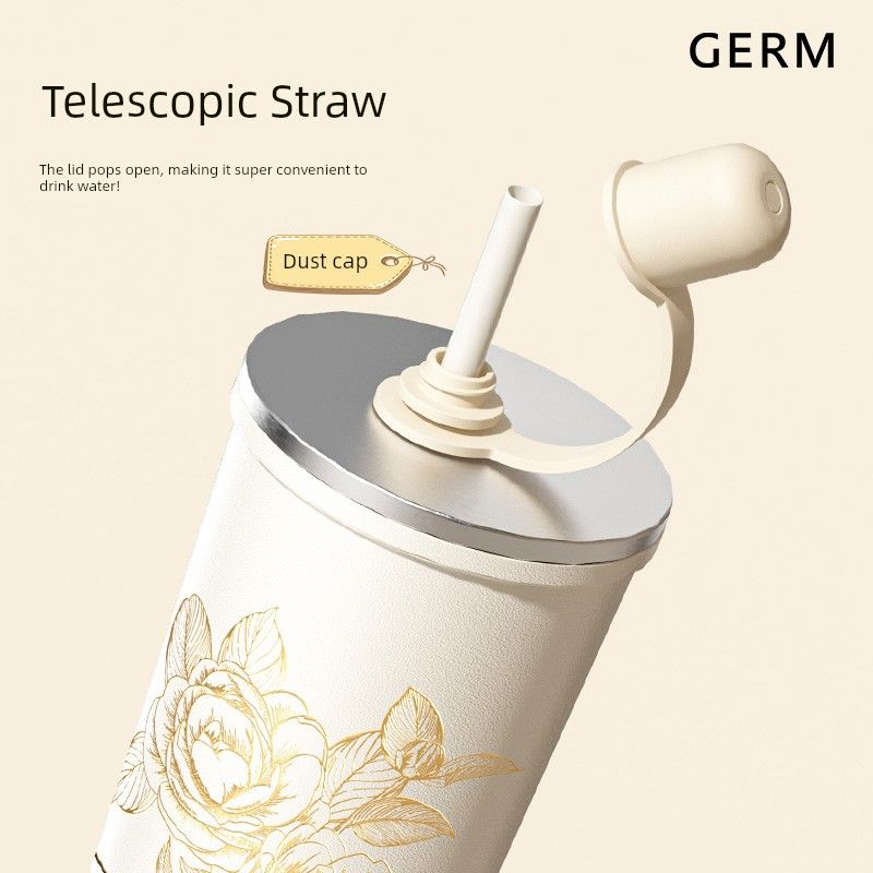 Germ Floral Large-Capacity Thermos Cup Coffee Cup for Women High-Value Water Cup Straw Cup Birthday Gift 25 New Models