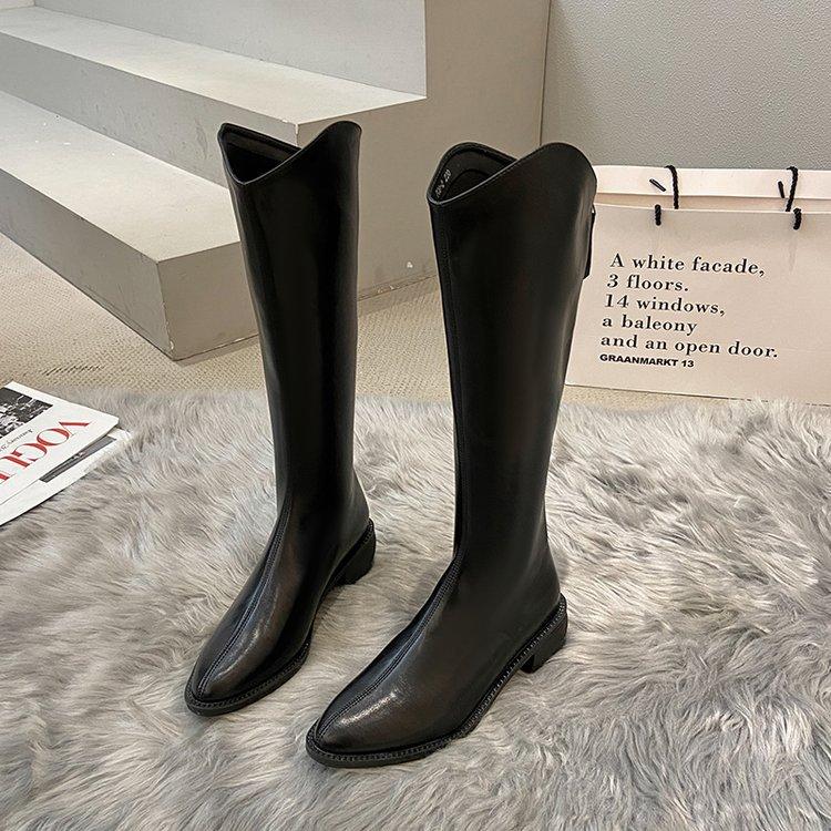 High Boots Women's Pointed Toe Korean Version Ladies Boots Rear Zipper Mid Heel Rider Boots 35-40