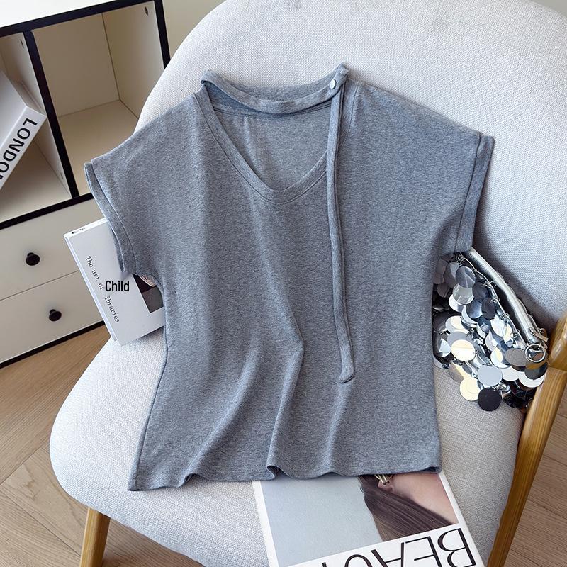 2026 Summer White Ribbon Hollow-Out Batwing Sleeve Casual T-shirt for Women Extra Large