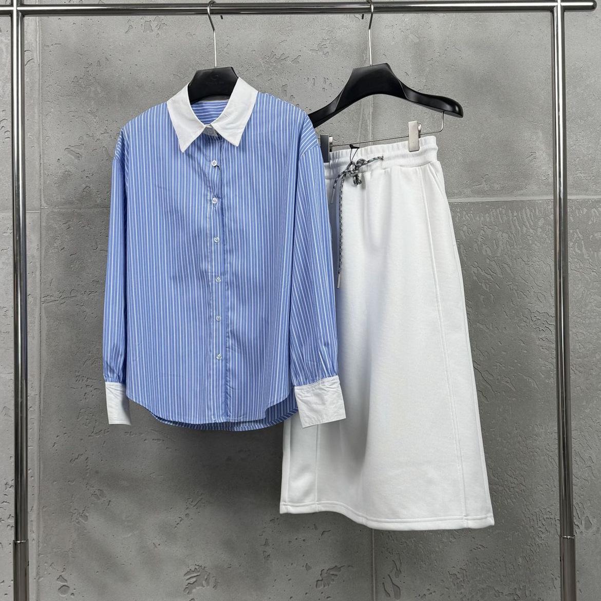 Korean Style Color Block Blue & White Striped Shirt with Drawstring White Skirt - Versatile Two-Piece Student Set XL