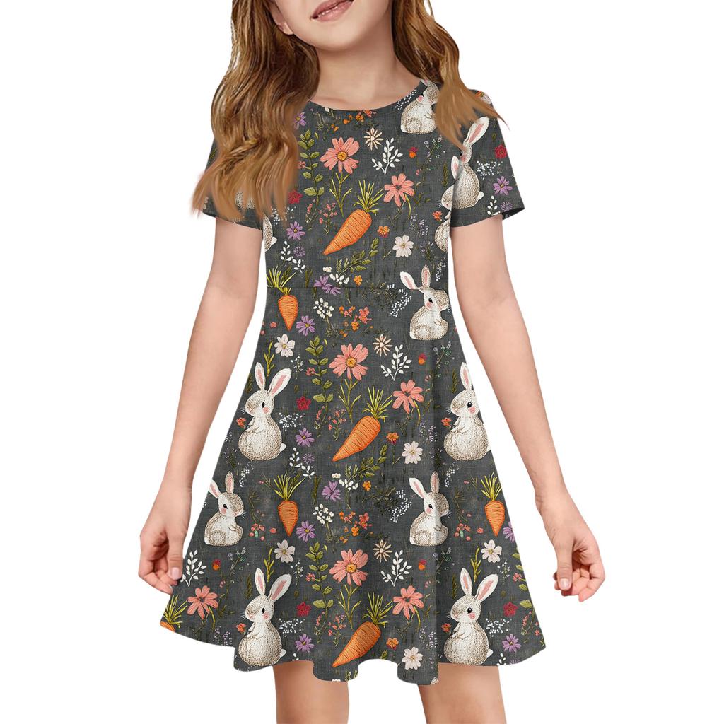 Girl Summer Dress Color & Print Short Sleeve Dress With Pocket Casual Dress Shorts Sleeve Party Dress Easter Day
