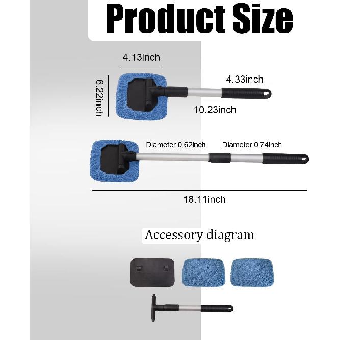 Glass Cleaner Wiper, Windshield Cleaning Tool, Microfiber Window Cleaner With Extendable Handle, Auto Glass Wiper Kit (Blue Square)